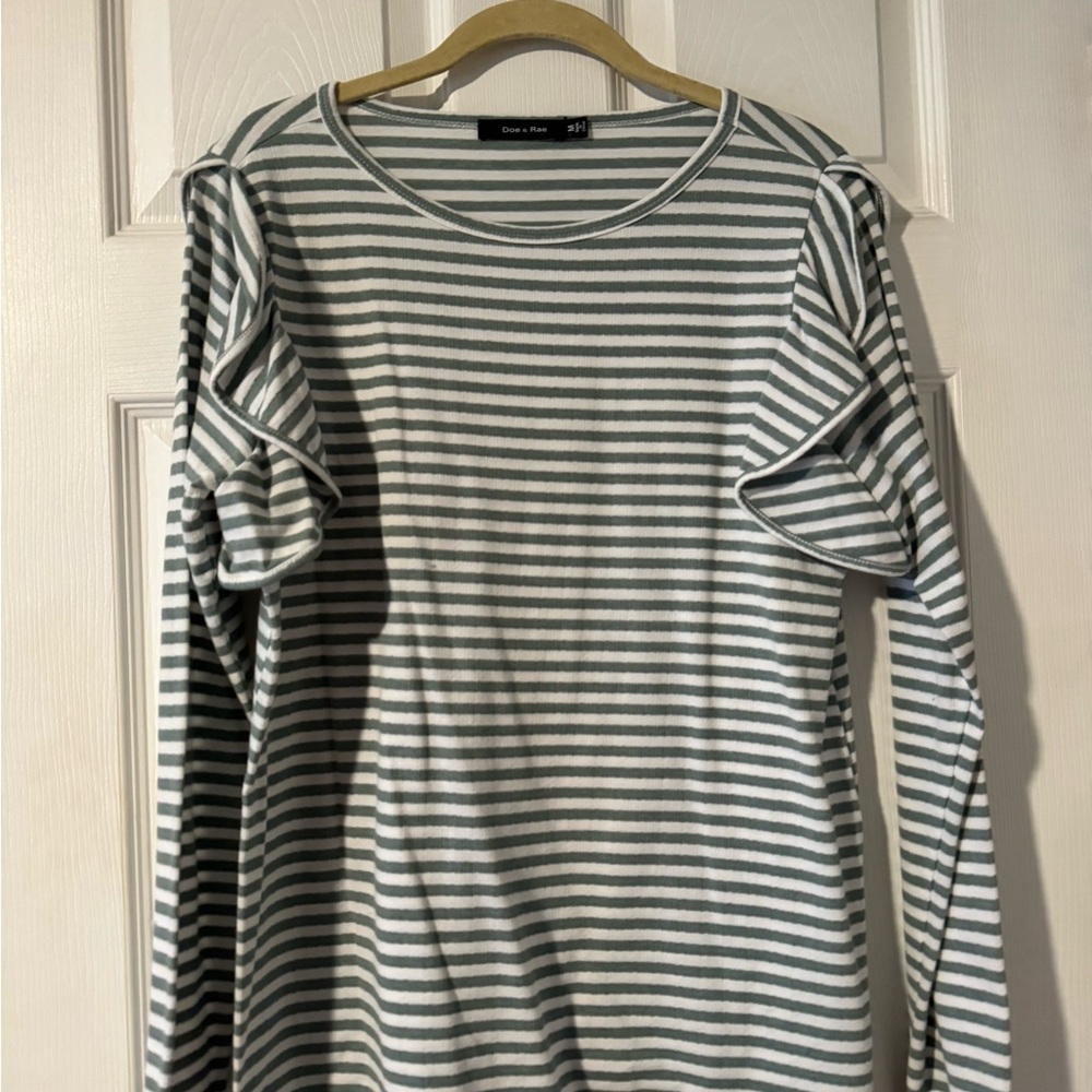 Doe & Rae Gray and White Striped Ruffle Shoulder Long Sleeve Top